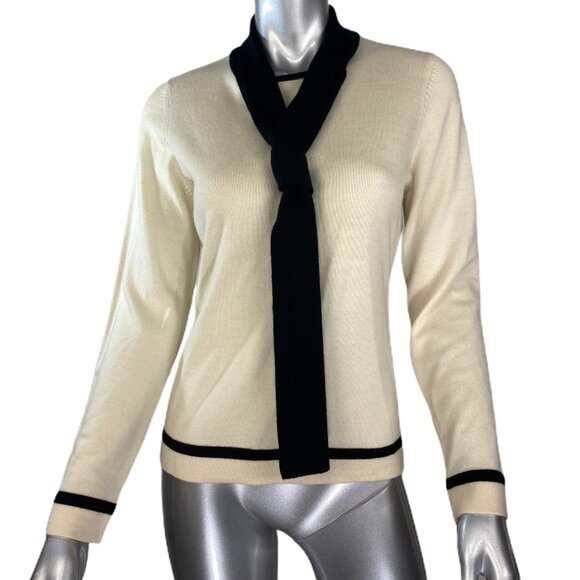 Carlisle Cream Wool Silk Cashmere Blend Black Tie Pullover Sweater Medium - Picture 1 of 6
